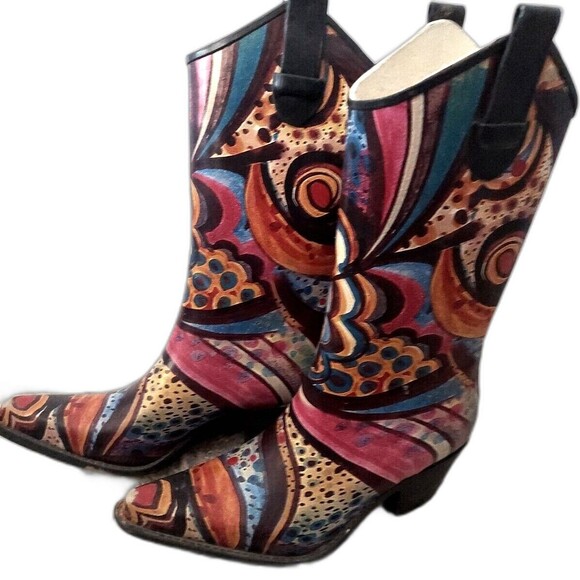 Funky Colorful Cowboy Rain Boots  Size 5 Pointed Toe EU 35 - Picture 2 of 16